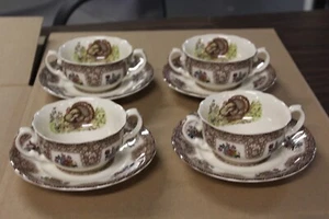 RARE 4 Spode Thanksgiving Brown Multicolor Turkey Cream Soups Bowls & Saucers - Picture 1 of 6