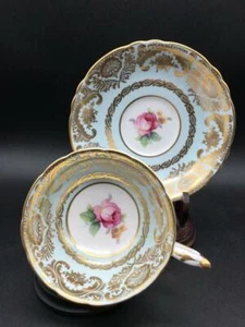 PARAGON DBL WARR FLOATING BABBAGE ROSE POWDER BLUE TEA CUP & SAUCER SET CS195 - Picture 1 of 6