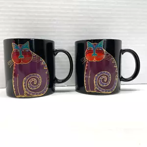 Laurel Burch Vintage Set Of 2 Mystical Cat Black Mugs Purple Cat Made In Japan - Picture 1 of 9