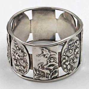 Japanese or Chinese Export 980 Sterling Silver Heron Flowers Birds Napkin Ring - Picture 1 of 9