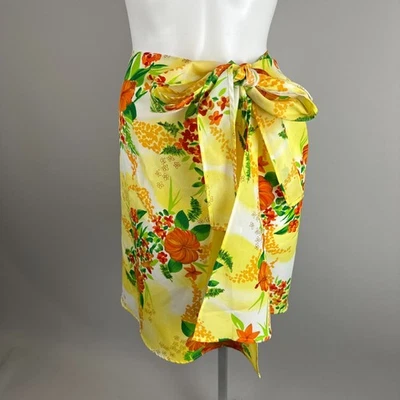 复古 80 年代 Harriets Sarong 包裹裙海滩夏威夷黄色花卉均码适合多种 — 第 1/4 张图片