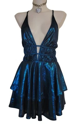 Y2k Womens Blue Metallic Shiny Babydoll Coquette Grunge Goth Prom Dress Sz S - Image 1 of 2
