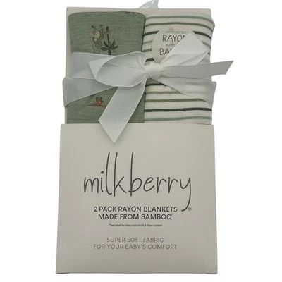 2-Pack Bamboo Rayon Baby Blankets | Milkberry Dino & Sage Stripe | Soft Gift Set - Image 1 of 4