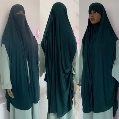 Camisa hijab larga ancha verde bosque entrelazado capa elegante incorporada niqab talla libre Foto 1 de 4