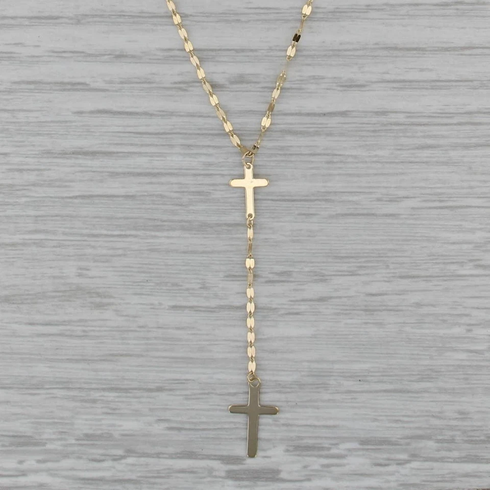 Cross Lariat Necklace 14k Yellow Gold 16" 18" Mirror Chain - Image 1 of 4