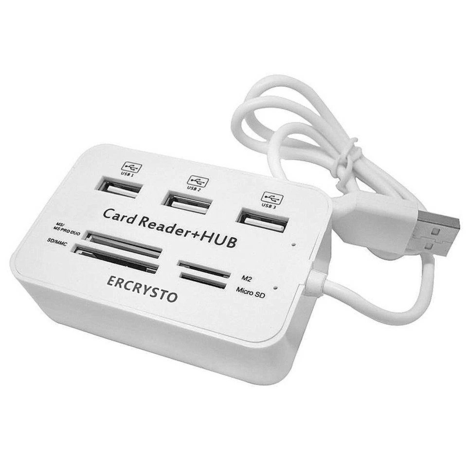 ERCRYSTO Card Reader and 3 Ports USB Hub High Speed External Memory White