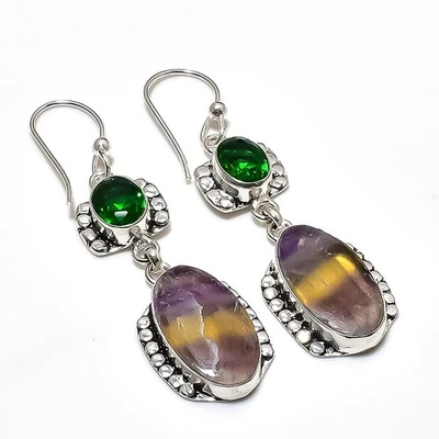 Fluorite, Diopside Gemstone 925 Sterling Silver Jewelry Earring 2.48" a376 - Image 1 of 2