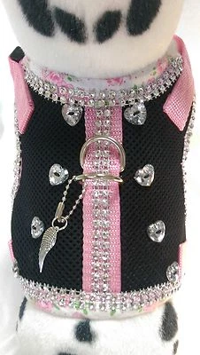 Hundegeschirr M mit Glitzer, schwarz, rosa Softgeschirr Mesh geblümter Rand - Bild 1 von 4