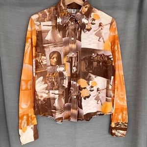 Vintage 1964 ’73 ILGWU Ballerina Women Floral Butterly AOP Sheer Disco Shirt - S - Picture 1 of 6