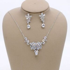 Wedding Bridal Zirconia Platinum Plated Simulated Diamond Necklace Earrings Set