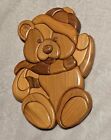 Artisan WOODWORKING TEDDY BEAR ,HAT & SCARF Wall Hanging Plaque Signed Adorable!