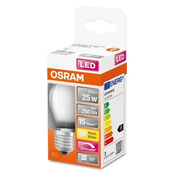 12 Pack Osram Dimmable 2.8w = 25w LED E27 Big Screw Warm White 2700K 827 Frosted - Image 1 of 4