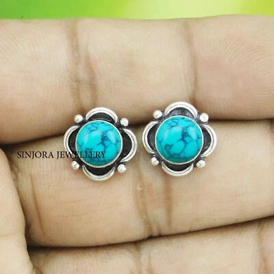 Turquoise Gemstone 925 Sterling Silver Handmade Jewellery Stud Earrings - Image 1 of 4