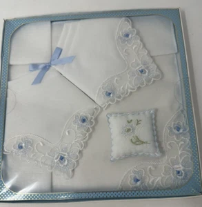 Vintage Boxed Set Linen Blue and White Handkerchiefs Mid Century Der Grune Punkt - Picture 1 of 10