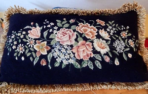 29" x 18 " NEEDLEPOINT PILLOW BLACK BACKGROUND FLORAL PETIT POINT DESIGN - Picture 1 of 9