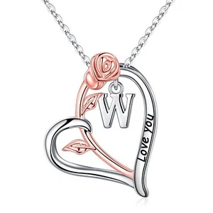Vrsilver Rose Heart Necklace Initial Pendant Anniversary Birthday Gift for woman - Picture 1 of 7