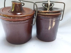 Vintage Cheese Crocks. Wire Locking. Brown Glazed Pottery Stoneware. Lot of 2. - Picture 1 of 10