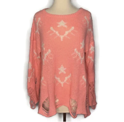Wildfox White Label Pink Loose Knit Pullover Oversized Star Bright Sweater XS — 第 1/4 张图片