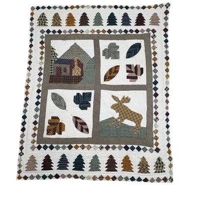 quilted wall hanging nature moose house trees earth tones handmade 46x57 cotton - Image 1 of 4