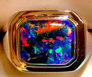 SOLID Natural Black Robust Red Navy fire Opal Men's ring Signet VIDEO 10 U - Picture 1 of 15