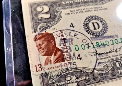 1976 GREEN SEAL  $2 TWO DOLLAR BILL ~ STAMPED 1ST DAY OF ISSUE -BYESVILLE, OH - Image 1 of 4