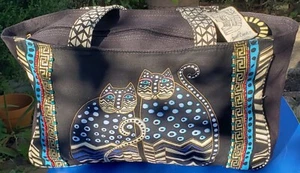 Laurel Burch Cat Design Sm - Medium Black Blue Gold Accent Beaded Tote Bag  - Picture 1 of 14