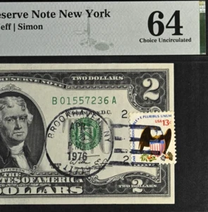 1976 $2 Federal Reserve Note PMG 64 First Day Stamp Brookhaven, New York 1557236 - Picture 1 of 3