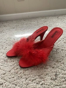 Fredericks of Hollywood Red Maribou Feather Mules Slippers Shoes Heels Size 5 - Picture 1 of 4