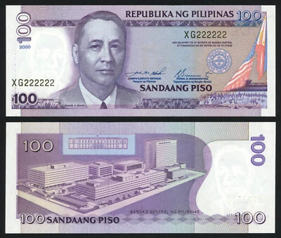 2000 NEW DESIGN 100 Pesos Estrada SOLID NO. XG222222 Philippine Banknote - Image 1 of 4