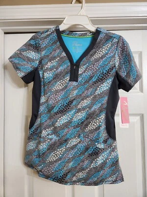 Healing Hands Women's Size XS Turquoise Premier Jessi Y-Neck Print Sweet Wave  - Image 1 of 4