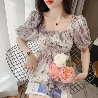 Lady Floral Tops Puff Sleeve Shirt Pleated Frill Ruffle Blouse Square Neck Fairy - Image 1 of 4
