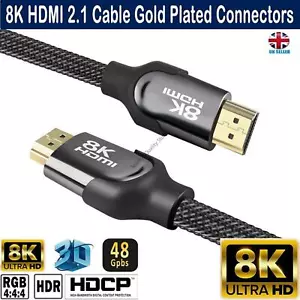 Câble Tressé HDMI 2.1 Plaqué Or Premium 8K 48Gbps 4K@120 PS5 Xbox X SkyQ UHD - Picture 1 of 12