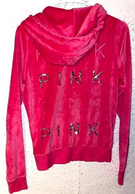 Chaqueta Victoria Secret ROSA Con Capucha Lentejuelas Cremallera Completa M Terciopelo Bling Bolsillos Foto 1 de 4
