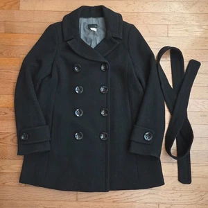 J CREW Damen schwarz Wollmischung Top Mantel Größe 2 zweireihig Winter schwer - Bild 1 von 7