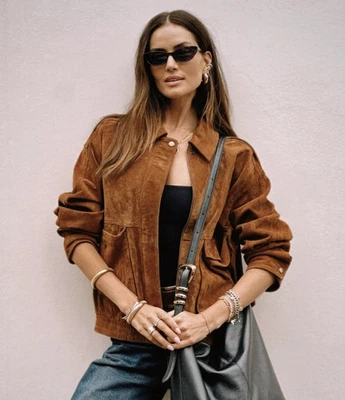 CHAQUETA BOMBER ZARA NUEVA MUJER 100% GAMUZA CON BOLSILLOS CAMEL OSCURO 4341/871/751 Foto 1 de 4