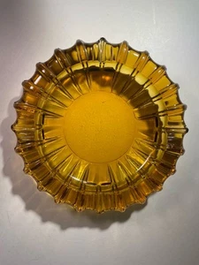 VTG MCM Fostoria Amber Yellow Starburst Ribbed Ashtray Sunburst Glass 7-1/4” - Picture 1 of 21