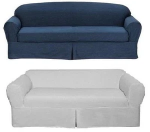 All Cotton White or Blue Denim 2-piece Sofa Loveseat SlipCover Slip Cover - Picture 1 of 3