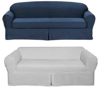 All Cotton White or Blue Denim 2-piece Sofa Loveseat SlipCover Slip Cover - Image 1 of 3