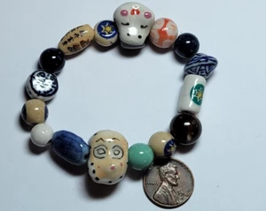 Asian Theme Multicolor Painted Porcelain Bead Stretch Bracelet Characters - Picture 1 of 4