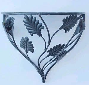 Vintage 13"  Woven Metal Top Wall Hanging Half Moon Black Shelf Leaf Design - Picture 1 of 7
