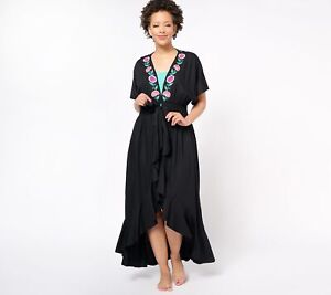 America & Beyond Women's Top Plus Sz 1X Embroidered Tie Waist Black A614070