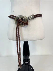 Vintage Braided Western Lasso Rope Brown Leather Belt Lariat Pewter - Picture 1 of 8