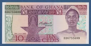GHANA -- 10 CEDIS (2.7.1980) -- UNC -- PREFIX BD -- PICK 20c. - Picture 1 of 2