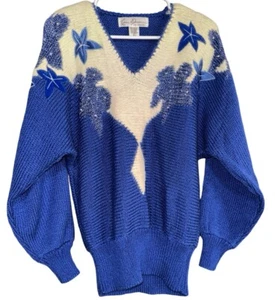 Vintage Eddie Dassin Sweater Angora Wool Womens L Blue White Slouchy Flowers - Picture 1 of 8