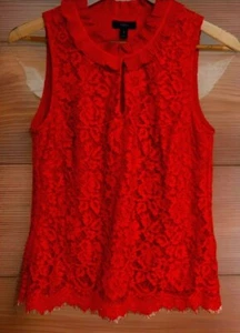 J. Crew Women's Lace Red Top Sleeveless Ruffle Neck Keyhole Neck Sz S. Fairy - Picture 1 of 6