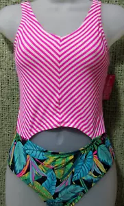 New Gossip Girl Swimsuit Girls 14 One Piece Open Belly Tropical Striped NWT - Picture 1 of 4