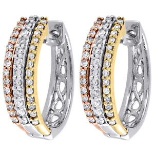 10K Tri Tone Gold Round Diamond 3 Row Ladies Hoops 4mm Earrings 0.25 Ct - Picture 1 of 5