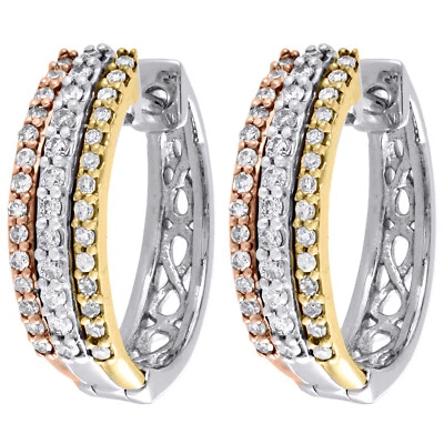 10K Tri Ton Gold Rund Diamant 3 Reihen Damen Hoops 4mm Ohrringe 0.25 Karat - Bild 1 von 4