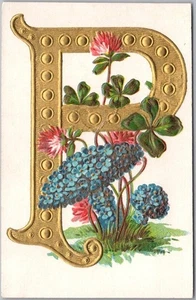 um 1910 Gold Großbuchstabe "P" geprägte Postkarte mit Vergissmeinnicht Blumen / UNBENUTZT - Bild 1 von 2