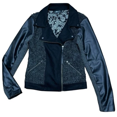 Miss Me Sz S Moto Jacket Black Faux Vegan Leather  Bikercore Mixed Media Coat — 第 1/4 张图片